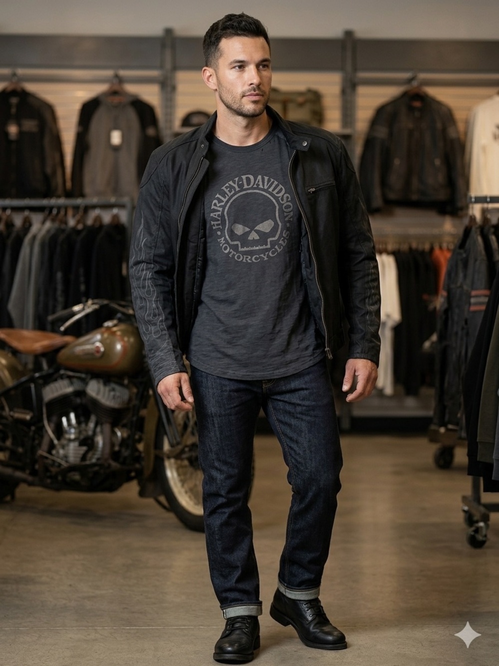 Harley-Davidson Willie G Skull Flame Sleeve Slub Knit Long Sleeve Shirt Black M